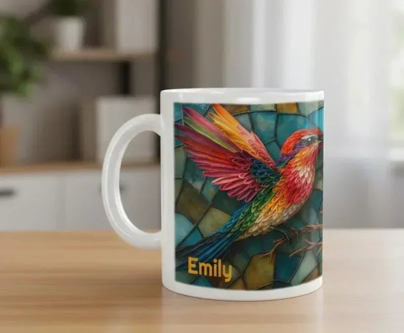 Personalized Stained Glass Hummingbird Mug | Custom Name | Bohemian Ceramic Coffee Tea Cup Gift