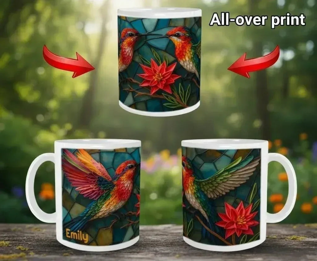 Personalized Stained Glass Hummingbird Mug | Custom Name | Bohemian Ceramic Coffee Tea Cup Gift