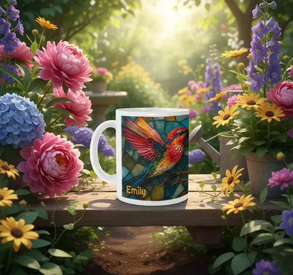 Personalized Stained Glass Hummingbird Mug | Custom Name | Bohemian Ceramic Coffee Tea Cup Gift