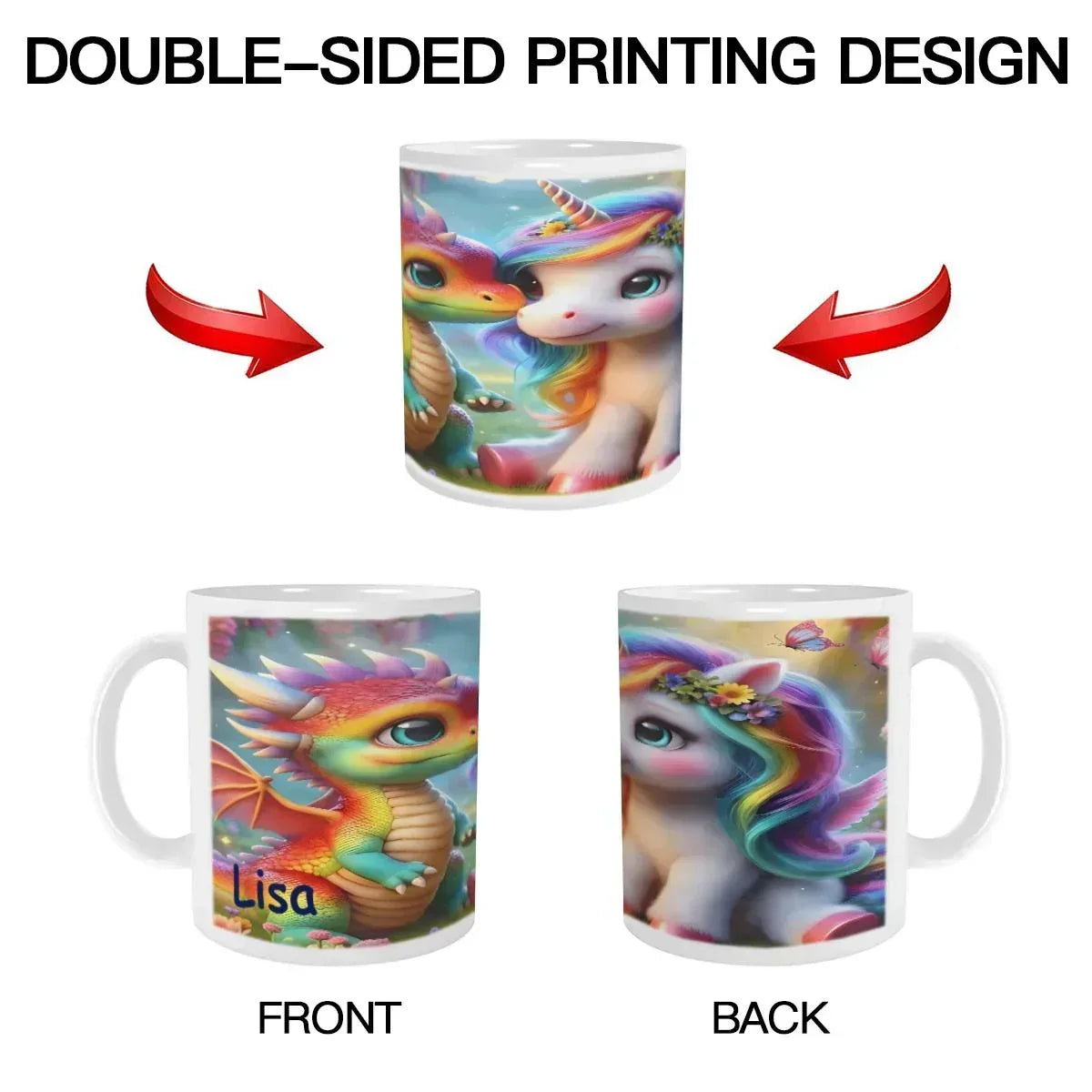 Personalized Unicorn Dragon Mug | Custom Name | Baby Rainbow Dragon & Unicorn Fantasy Ceramic Gift
