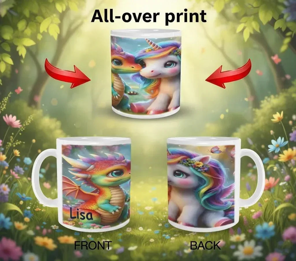 Personalized Unicorn Dragon Mug | Custom Name | Baby Rainbow Dragon & Unicorn Fantasy Ceramic Gift