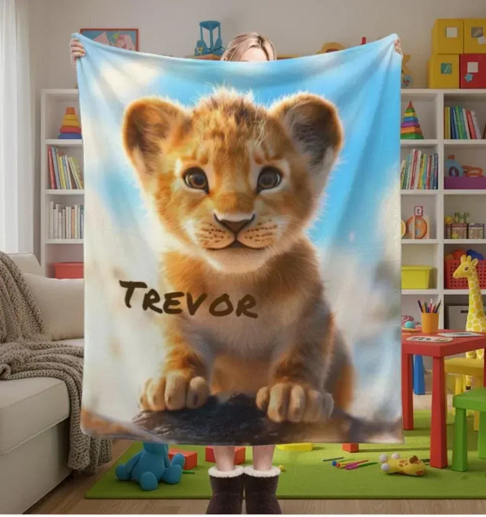 Personalized Lion Cub Blanket | Custom Name | Fluffy Golden Baby Lion Blue Sky Fleece Throw Gift