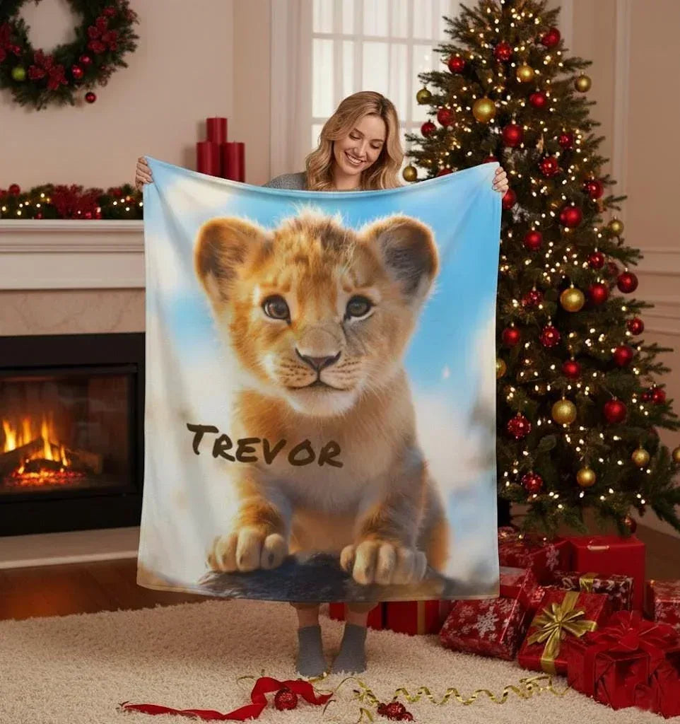 Personalized Lion Cub Blanket | Custom Name | Fluffy Golden Baby Lion Blue Sky Fleece Throw Gift