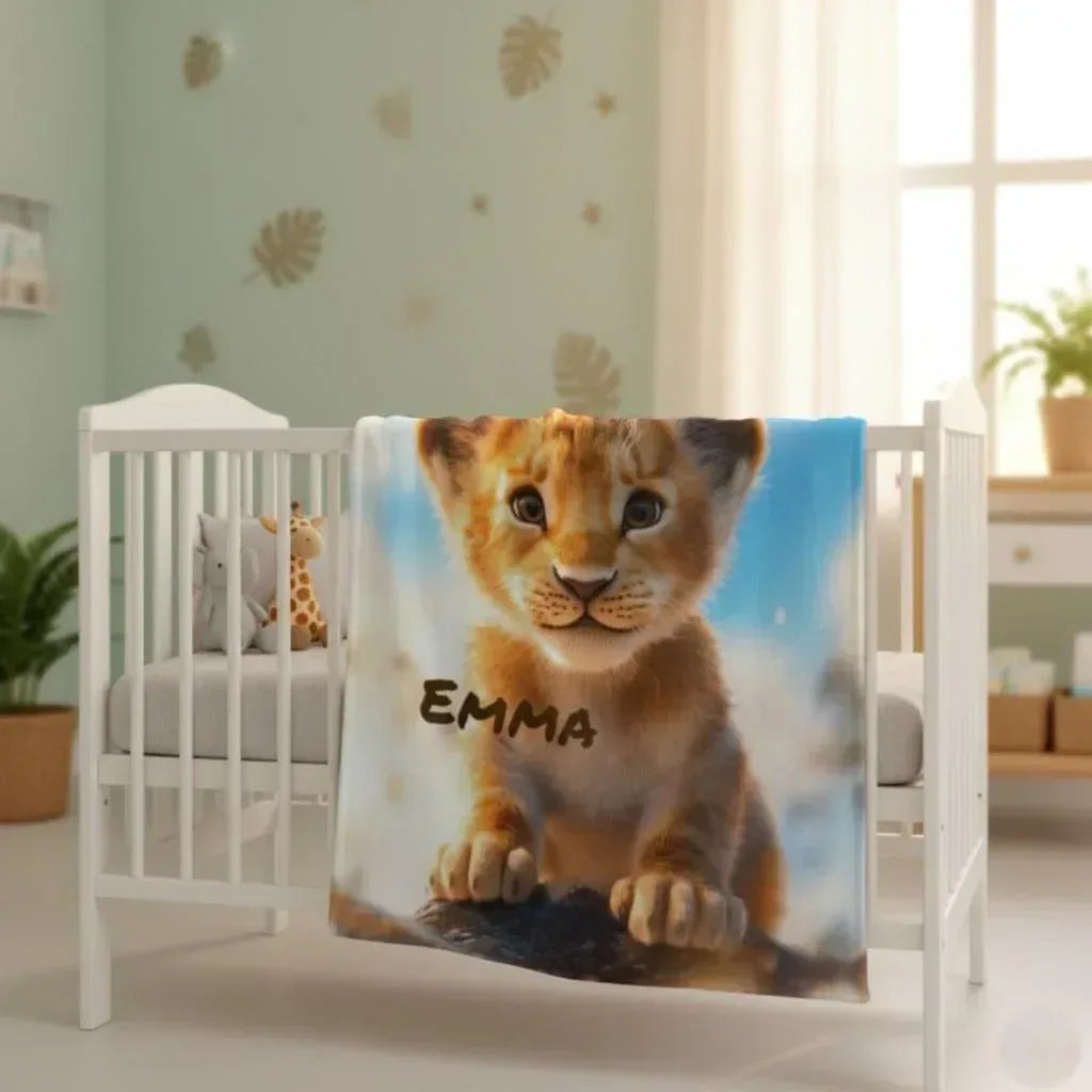 Personalized Lion Cub Blanket | Custom Name | Fluffy Golden Baby Lion Blue Sky Fleece Throw Gift
