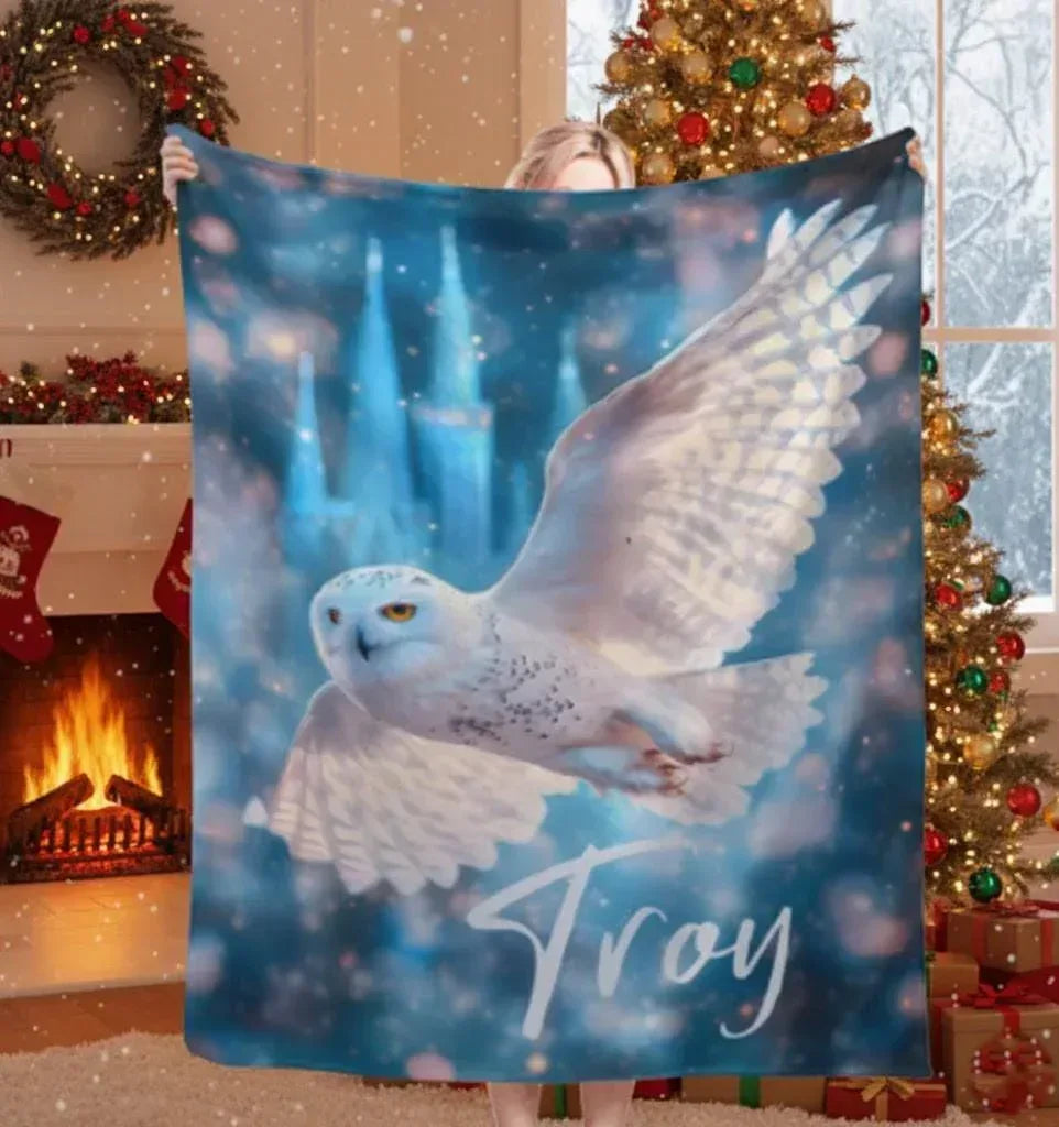 Personalized Snowy Owl Blanket | Custom Name | Blue Galaxy Fleece Throw Gift