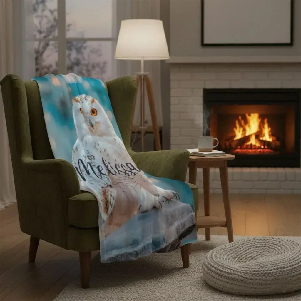 Personalized Snowy Owl Blanket | Custom Name | White Owl Amber Eyes Teal Magical Fleece Throw Gift