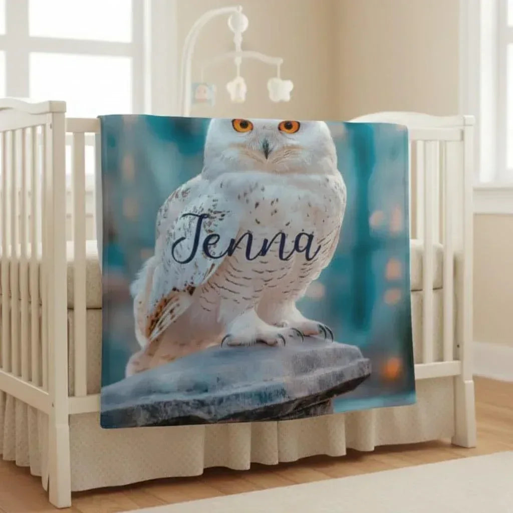 Personalized Snowy Owl Blanket | Custom Name | White Owl Amber Eyes Teal Magical Fleece Throw Gift