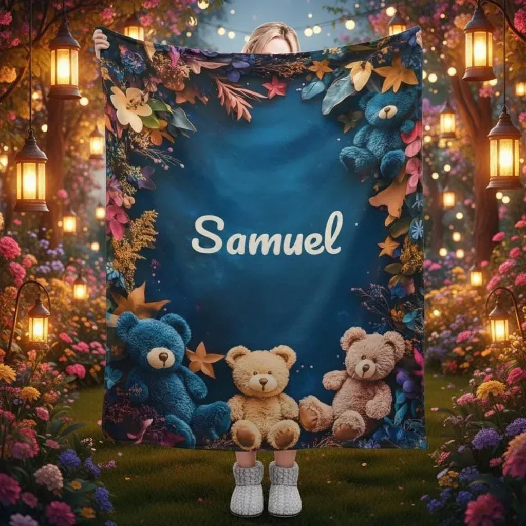 Personalized Teddy Bear Blanket | Custom Name | Three Plush Bears Botanical Border Deep Teal Fleece Throw Gift