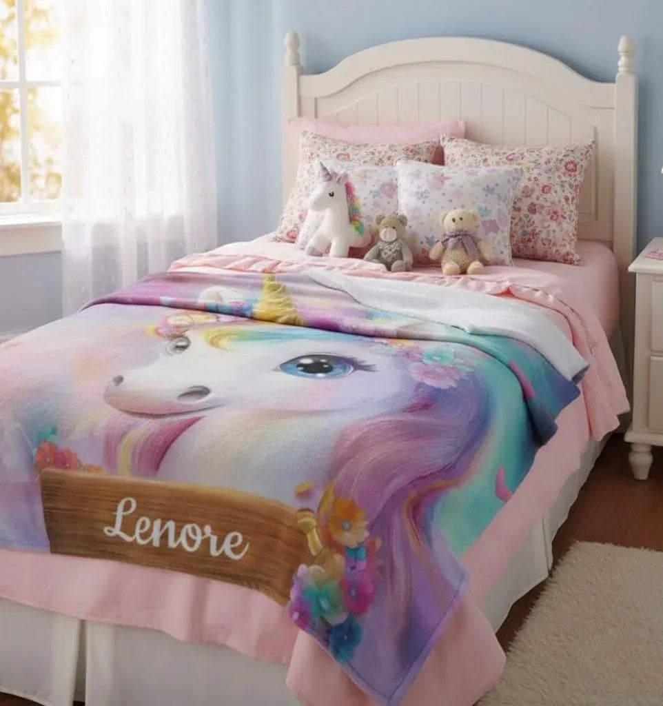 Personalized Unicorn Blanket | Custom Name | Rainbow Mane Blue Eyes Gold Horn Fleece Throw Gift for Girls