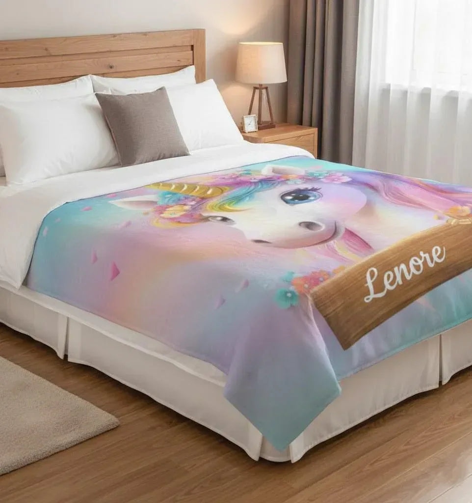 Personalized Unicorn Blanket | Custom Name | Rainbow Mane Blue Eyes Gold Horn Fleece Throw Gift for Girls