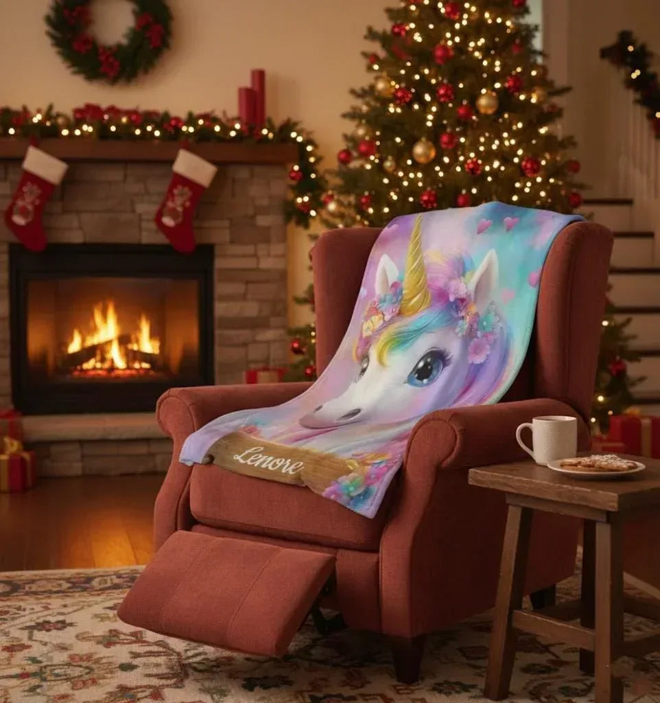 Personalized Unicorn Blanket | Custom Name | Rainbow Mane Blue Eyes Gold Horn Fleece Throw Gift for Girls