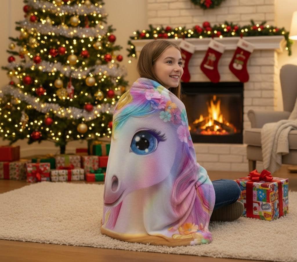 Personalized Unicorn Blanket | Custom Name | Rainbow Mane Blue Eyes Gold Horn Fleece Throw Gift for Girls