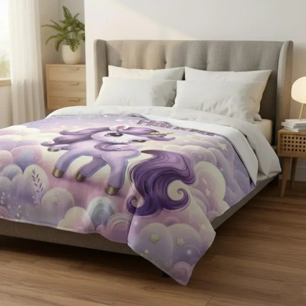 Personalized Purple Unicorn Blanket | Custom Name | Starry Cloud Flannel Fleece Throw Gift