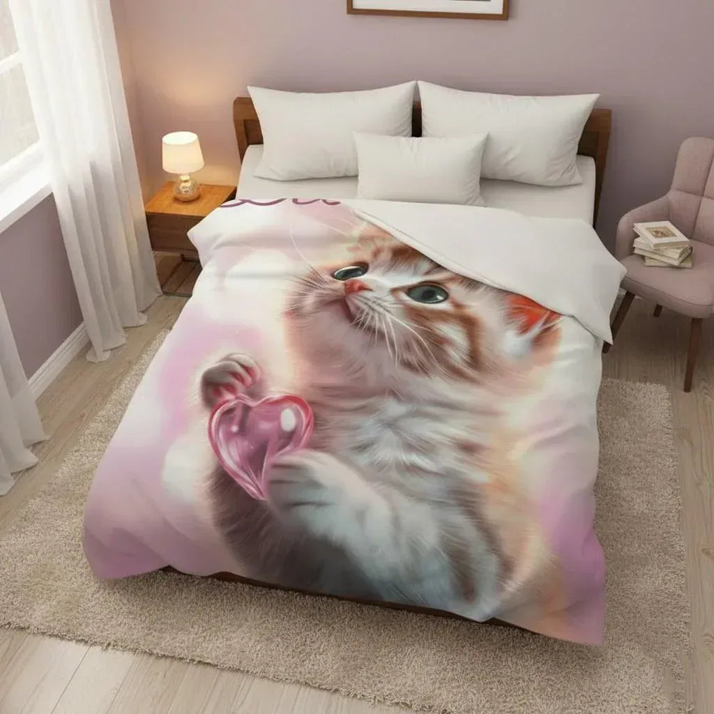 Personalized Kitten Blanket | Custom Name | Fluffy Tabby Kitten Pink Glass Heart Blush Fleece Throw Gift