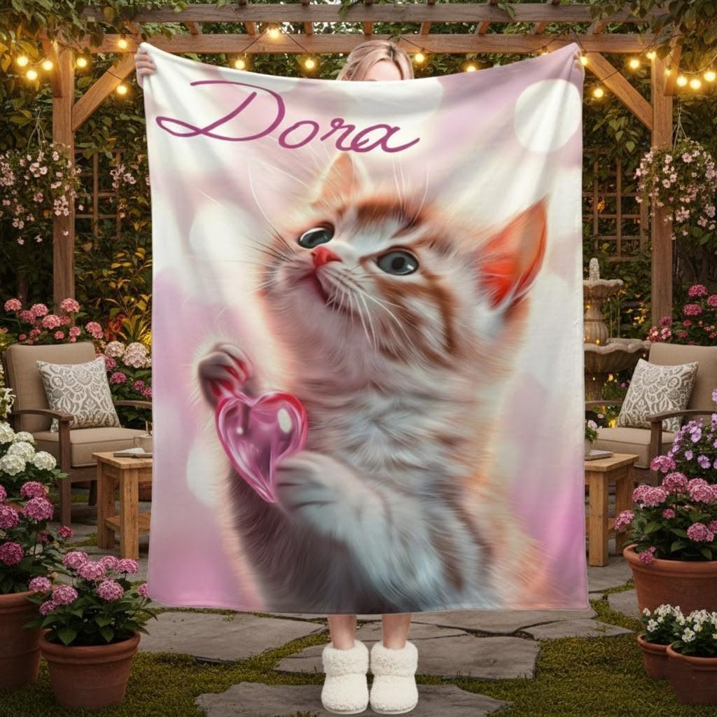 Personalized Kitten Blanket | Custom Name | Fluffy Tabby Kitten Pink Glass Heart Blush Fleece Throw Gift