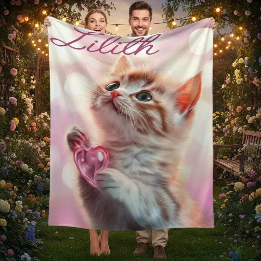 Personalized Kitten Blanket | Custom Name | Fluffy Tabby Kitten Pink Glass Heart Blush Fleece Throw Gift