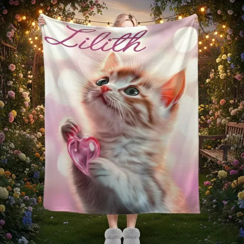 Personalized Kitten Blanket | Custom Name | Fluffy Tabby Kitten Pink Glass Heart Blush Fleece Throw Gift