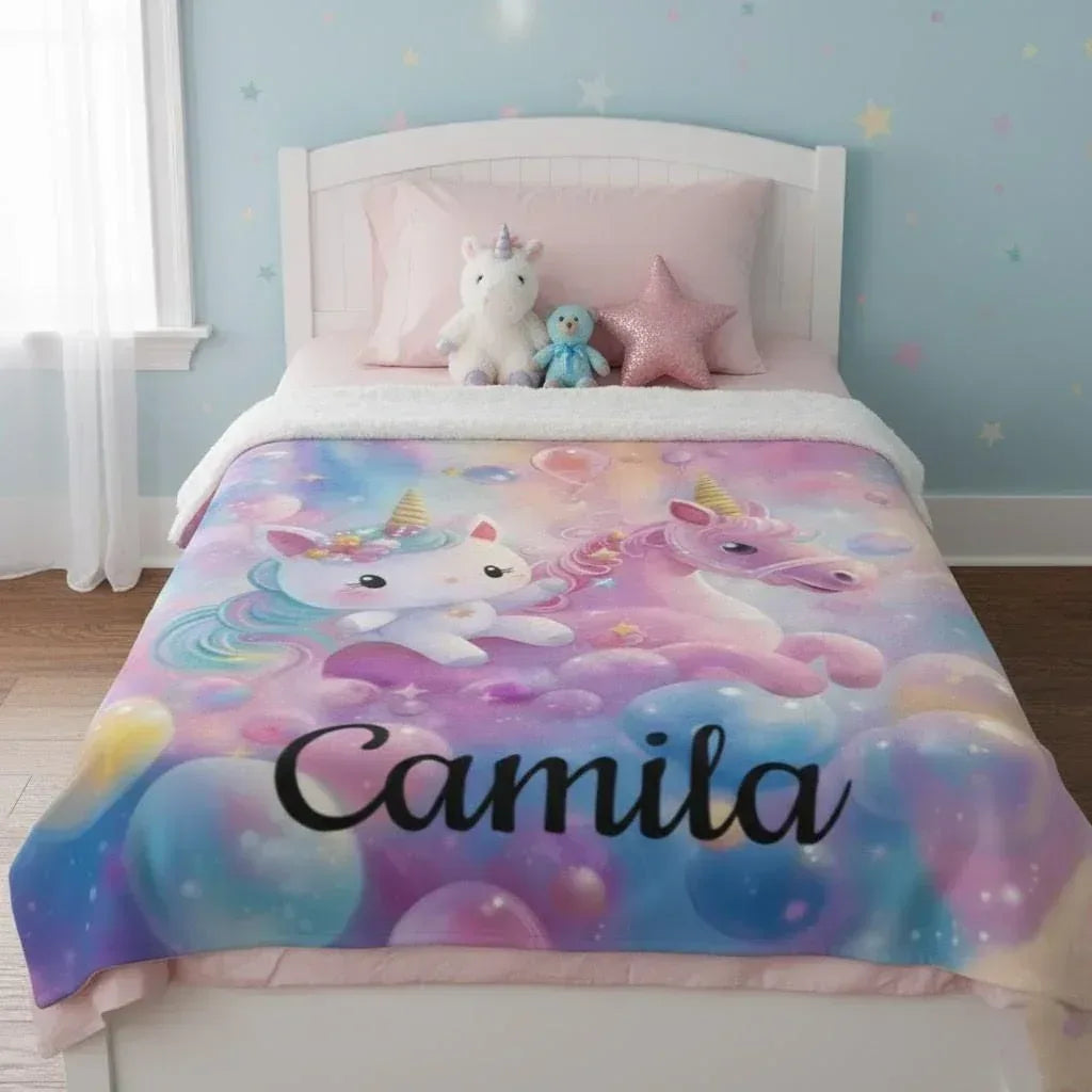 Personalized Kitty & Unicorn Blanket | Custom Name Pastel Rainbow Fleece Throw