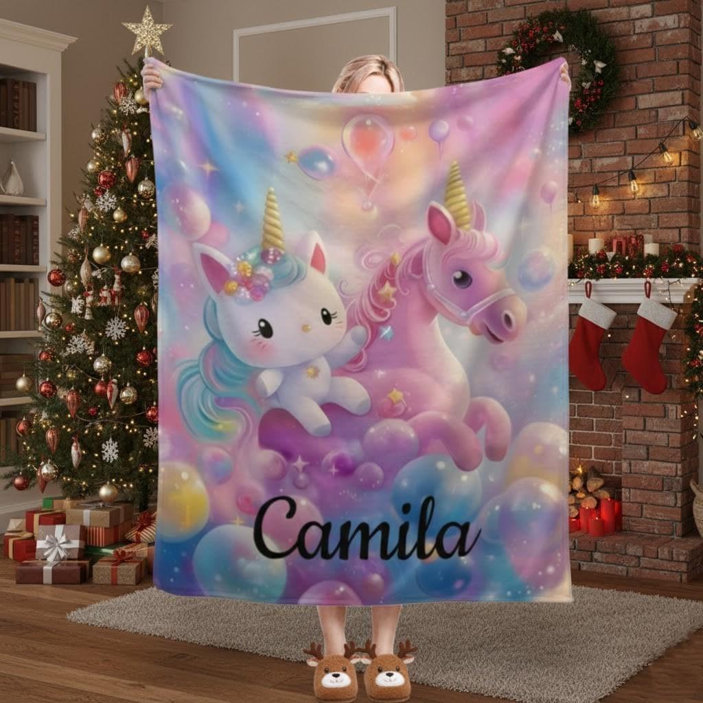 Personalized Kitty & Unicorn Blanket | Custom Name Pastel Rainbow Fleece Throw