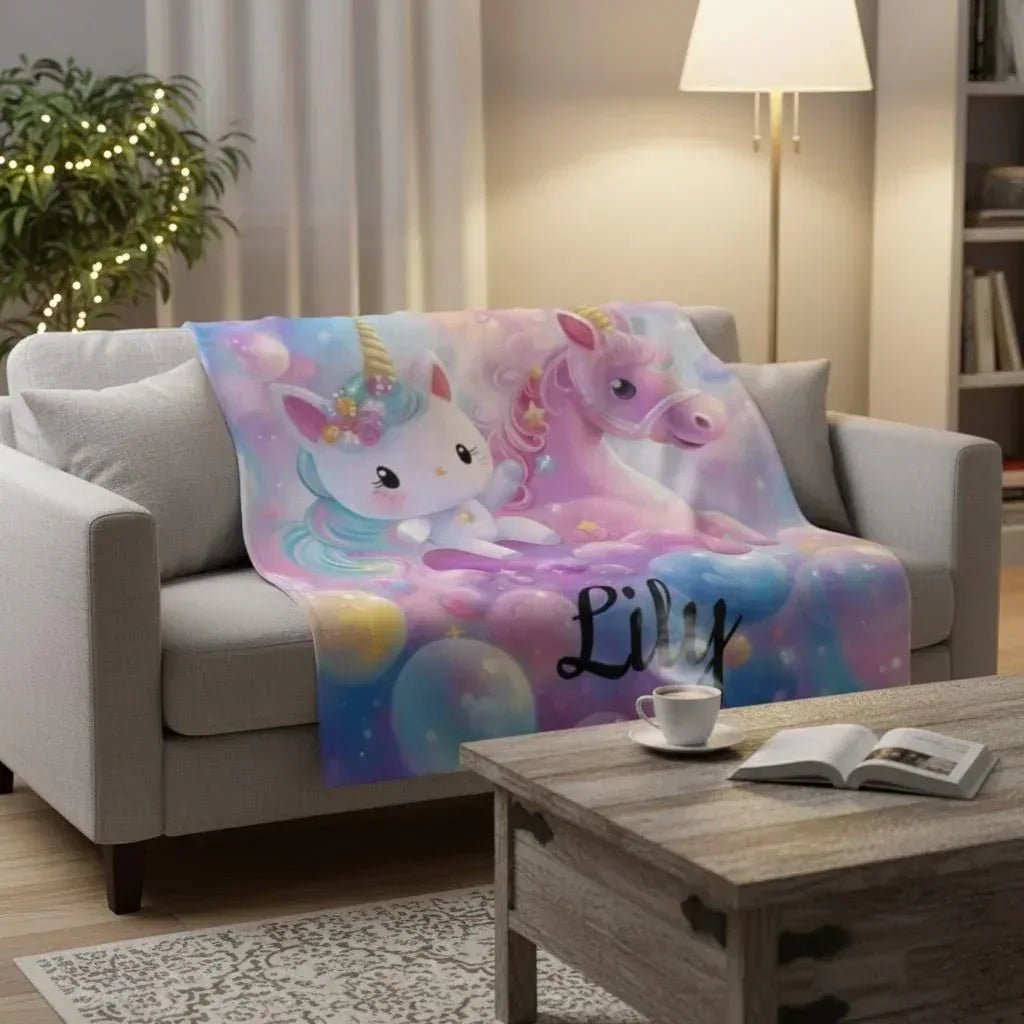 Personalized Kitty & Unicorn Blanket | Custom Name Pastel Rainbow Fleece Throw