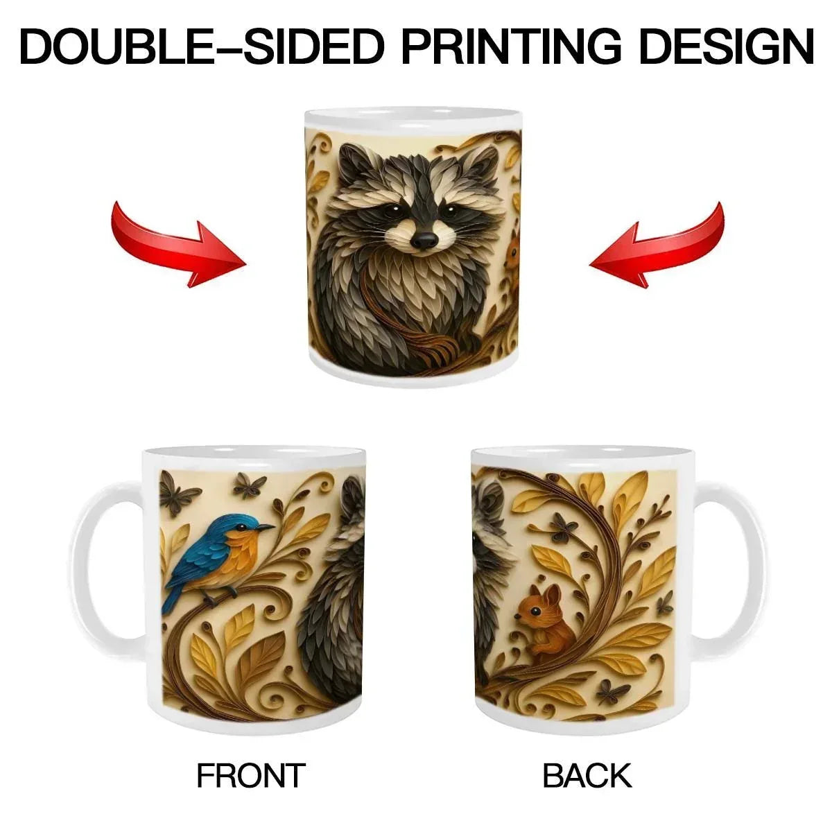 Whimsical Raccoon Mug | 3D Quilling Art Style | Woodland Animal Coffee & Tea Ceramic Gift