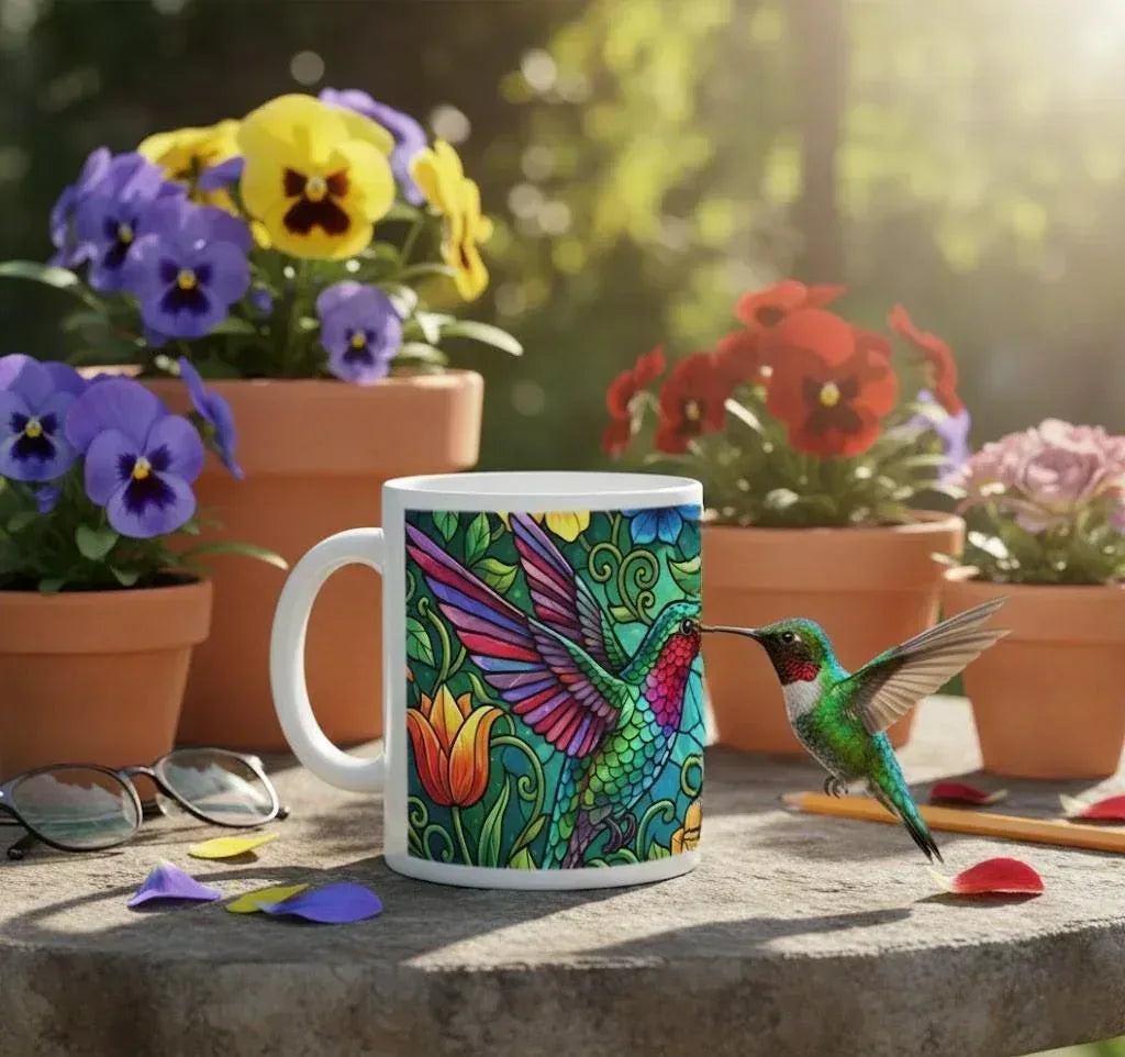 Hummingbird Mug | Stained Glass Jewel-Tone Hummingbird Tropical Flowers Ceramic Coffee Tea Cup Gift