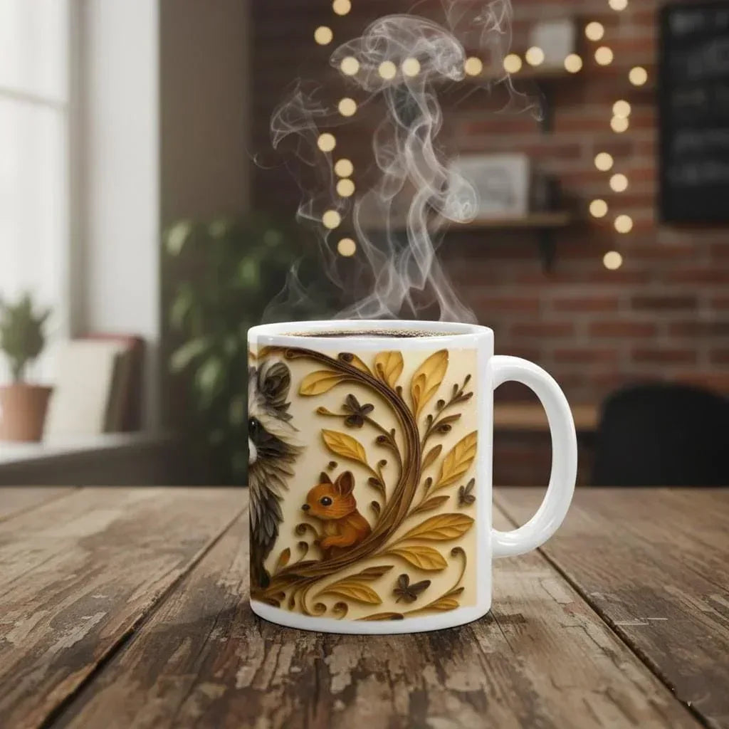 Whimsical Raccoon Mug | 3D Quilling Art Style | Woodland Animal Coffee & Tea Ceramic Gift