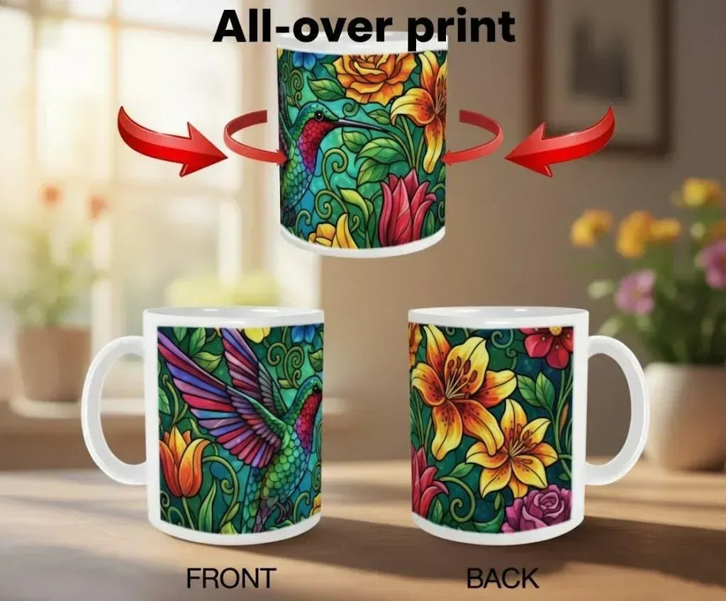 Hummingbird Mug | Stained Glass Jewel-Tone Hummingbird Tropical Flowers Ceramic Coffee Tea Cup Gift