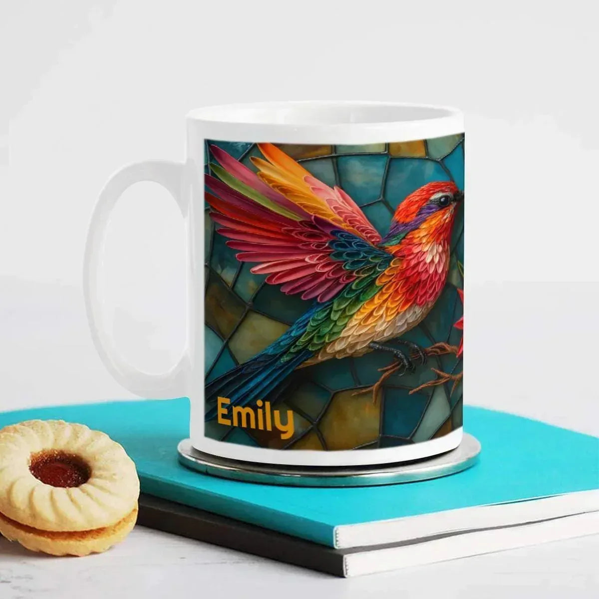Personalized Stained Glass Hummingbird Mug | Custom Name | Bohemian Ceramic Coffee Tea Cup Gift