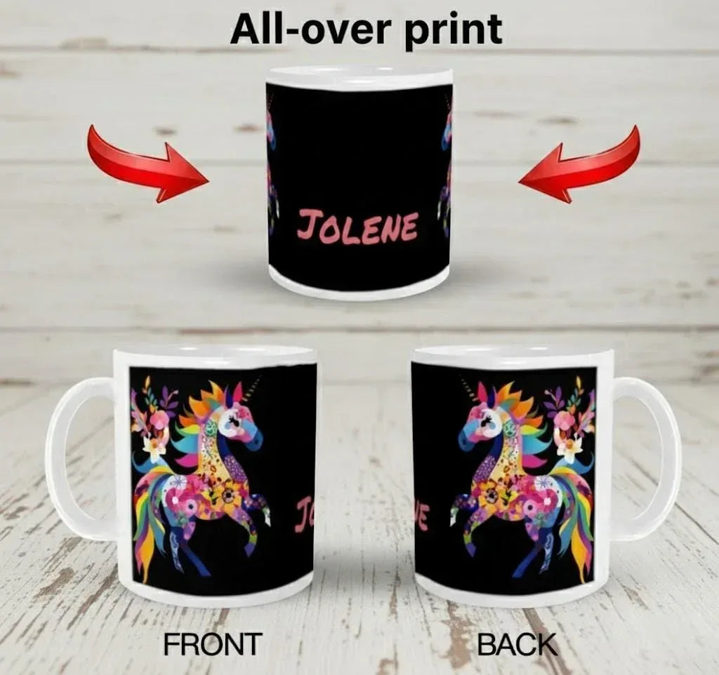Personalized Rainbow Unicorn Mug | Custom Name | Black 11 oz Ceramic Coffee Tea Cup Gift