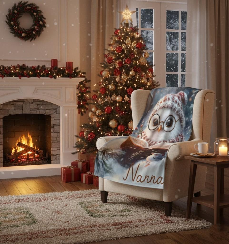 Personalized Winter Owl Blanket | Custom Name | Reading Owl Glasses Snowy Nordic Fleece Throw Gift