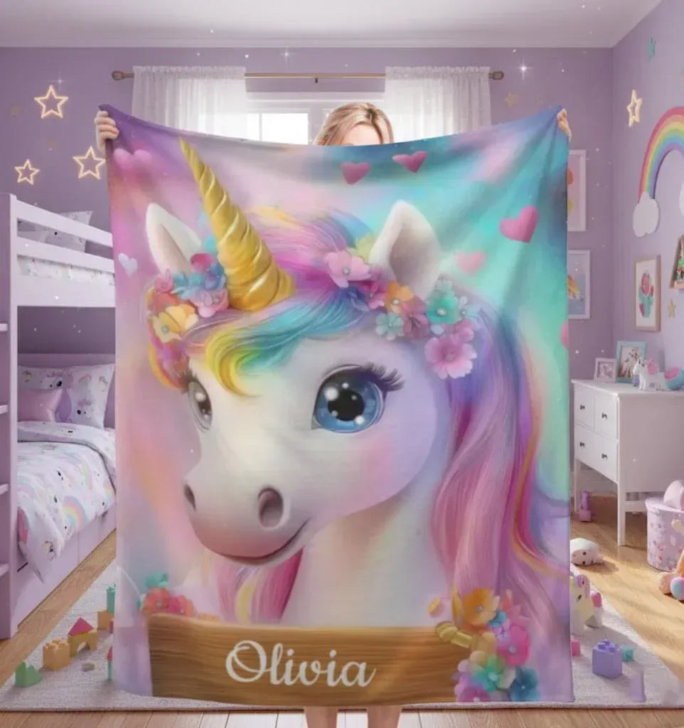 Personalized Unicorn Blanket | Custom Name | Rainbow Mane Blue Eyes Gold Horn Fleece Throw Gift for Girls