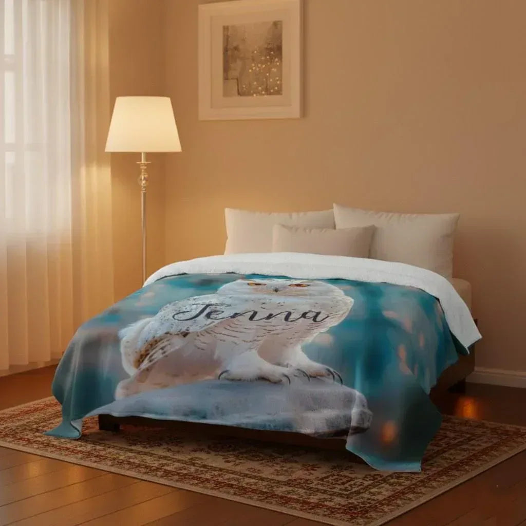 Personalized Snowy Owl Blanket | Custom Name | White Owl Amber Eyes Teal Magical Fleece Throw Gift