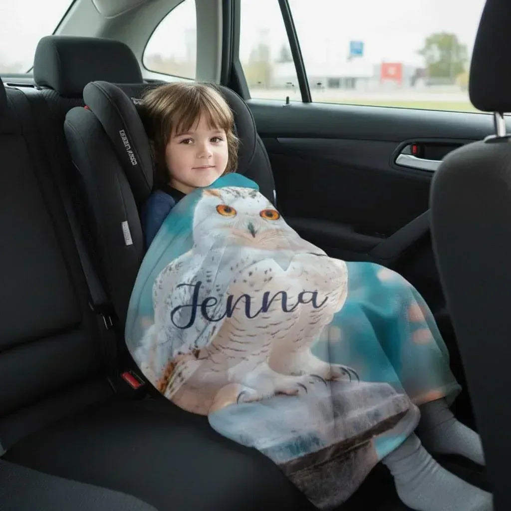 Personalized Snowy Owl Blanket | Custom Name | White Owl Amber Eyes Teal Magical Fleece Throw Gift