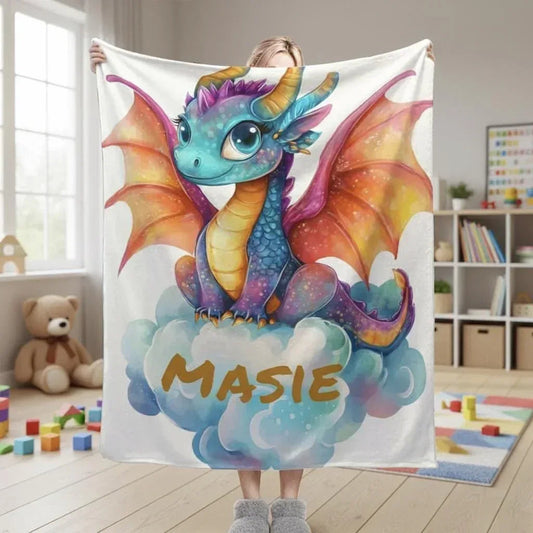 Personalized Girl Dragon Blanket | Custom Name | Blue Rainbow Unicorn Cloud 310gsm Fleece Throw Gift