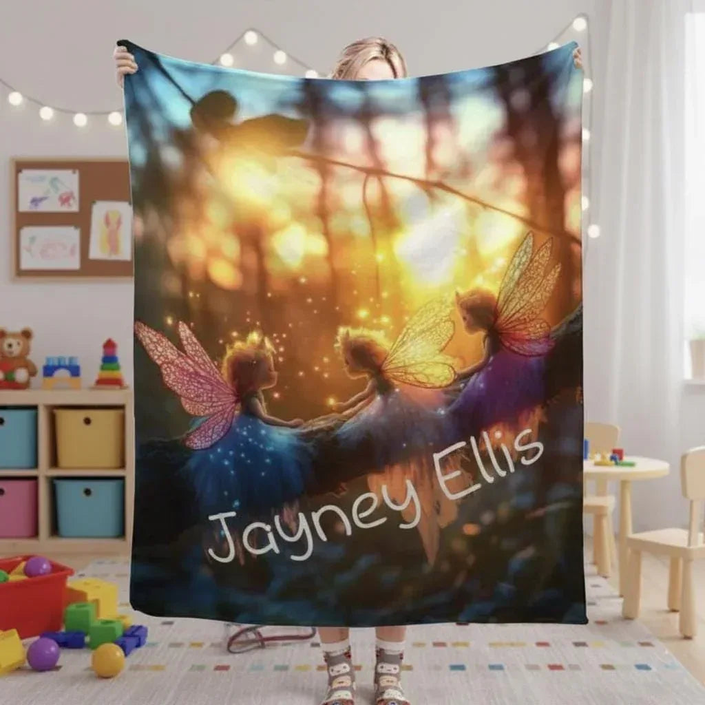 Personalized Fairy Blanket | Custom Name | Three Winged Fairies Golden Forest 310gsm Fleece Throw Gift