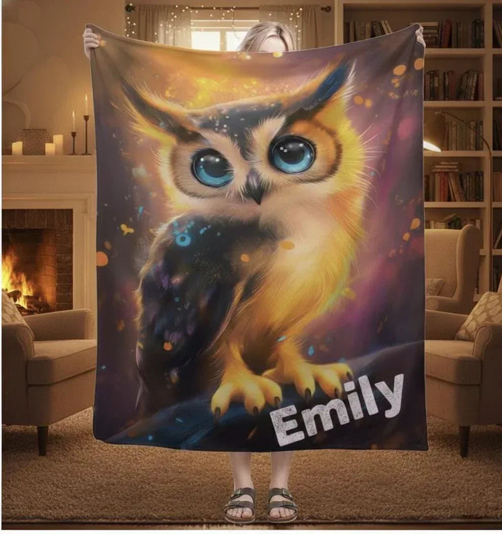 Personalized Cosmic Owl Blanket | Custom Name | Gothic Halloween Galaxy Gift