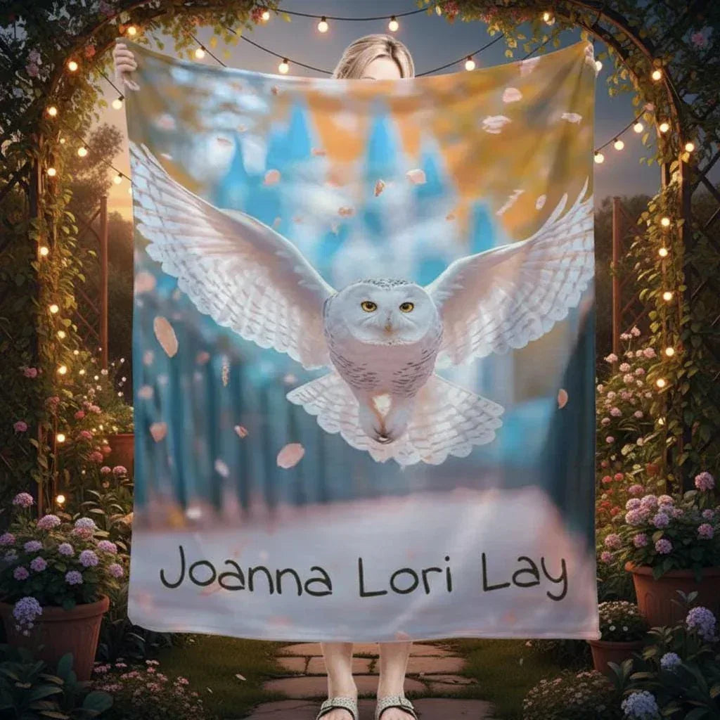Personalized Winged Owl Blanket | Custom Name | Blue Fantasy Fleece Throw Gift
