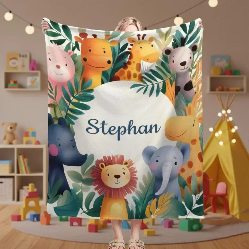 Personalized Safari Animal Blanket | Custom Name | Lion Elephant Giraffe Hippo Tropical Jungle Fleece Throw Gift