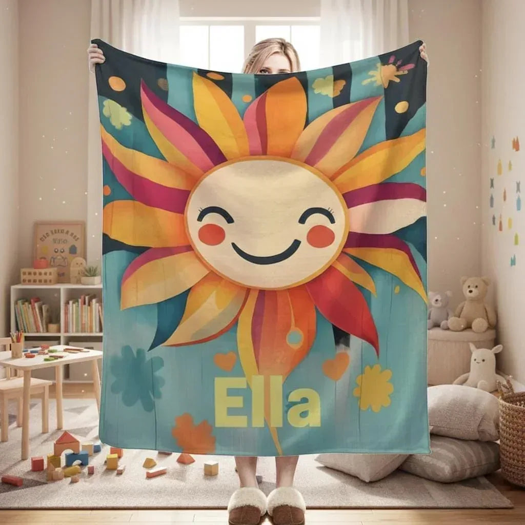 Personalized Sunshine Blanket | Custom Name | Smiling Cartoon Sun Sunflower Teal Bold Yellow Name Fleece Throw Gift