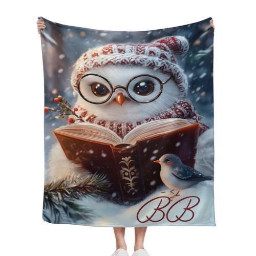 Personalized Winter Owl Blanket | Custom Name | Reading Owl Glasses Snowy Nordic Fleece Throw Gift