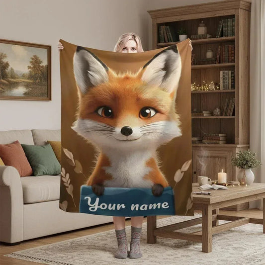 Personalized Fox Blanket | Custom Name | Cute 3D Fox Holding Teal Name Banner Autumn Woodland Flannel Fleece Throw Gift
