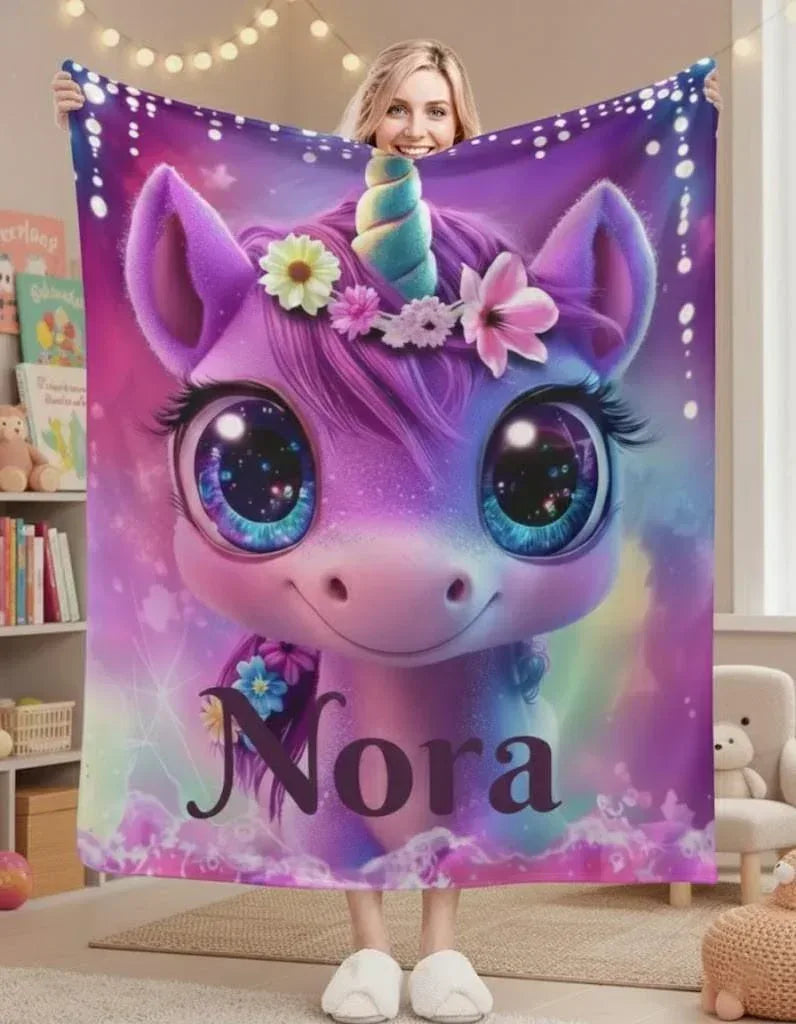 Personalized Unicorn Blanket | Custom Name | Cute Baby Unicorn Galaxy Eyes Floral Crown Purple Magic Fleece Throw Gift