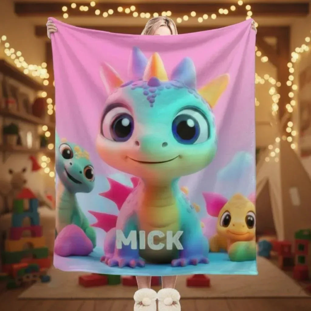 Personalized Dragon Blanket | Custom Name | Cute Pastel Baby Dragon Trio Rainbow Kawaii Fleece Throw Gift