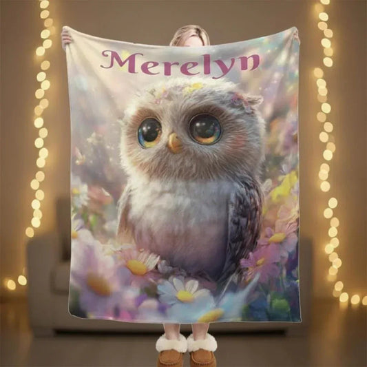 Personalized Owl Blanket | Custom Name | Colorful Floral Baby Owl Fleece Throw Gift