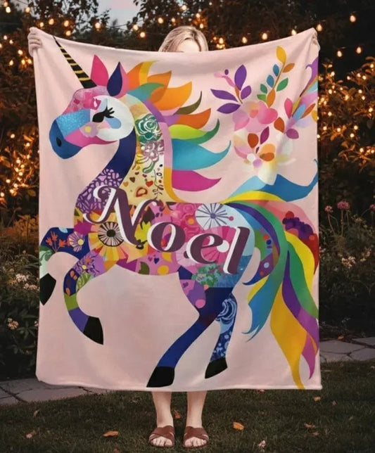 Personalized Unicorn Blanket | Custom Name | Prancing Full-Body Floral Mosaic Rainbow Mane Blush Pink Flannel Fleece Throw Gift