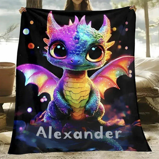 Personalized Rainbow Dragon Blanket | Custom Name | Glowing Black 310gsm Fleece Throw Gift