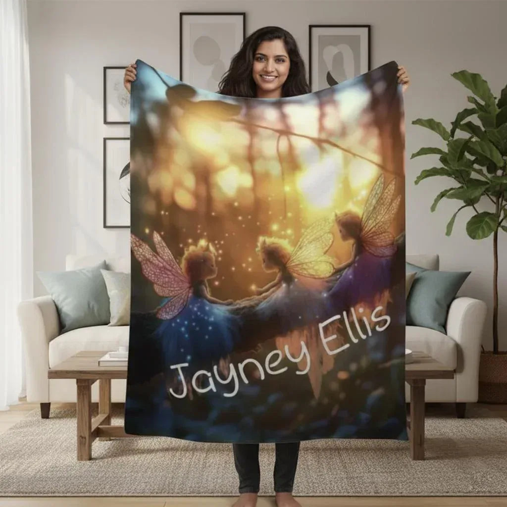 Personalized Fairy Blanket | Custom Name | Three Winged Fairies Golden Forest 310gsm Fleece Throw Gift