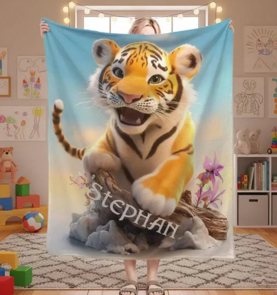 Personalized Tiger Cub Blanket | Custom Name | Blue Floral 310gsm Fleece Throw Gift