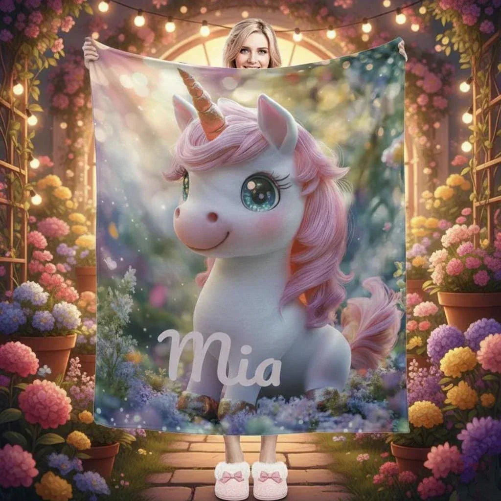 Personalized Pink Unicorn Blanket | Custom Name | Sparkling Eyes Enchanted Forest Fleece Throw Gift